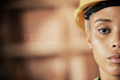 Buy stock photo Portrait, face and construction worker with vision, goal and target for building development, architecture and maintenance on a construction site. Woman architect with hard hat for industrial safety 
