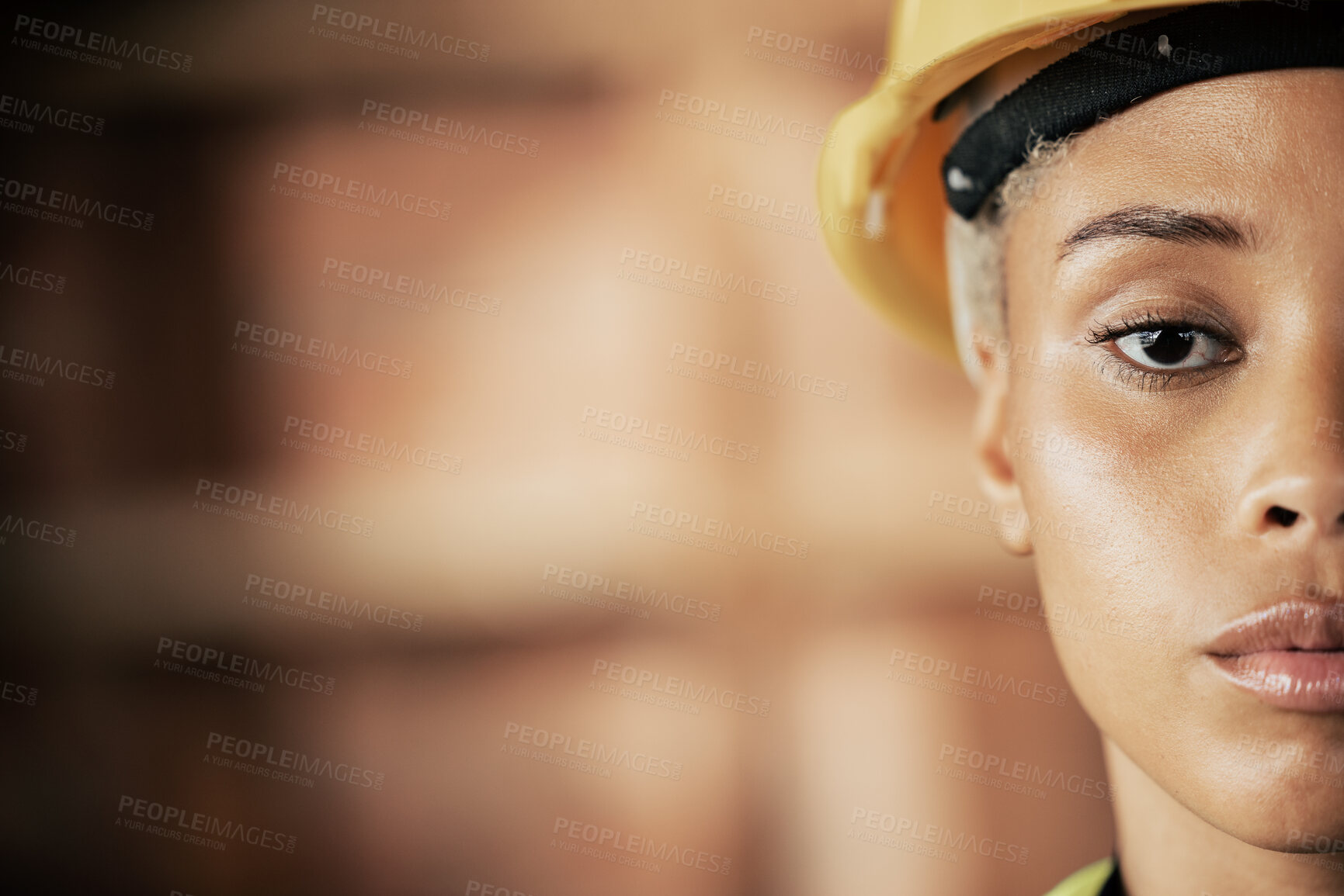 Buy stock photo Portrait, face and construction worker with vision, goal and target for building development, architecture and maintenance on a construction site. Woman architect with hard hat for industrial safety 