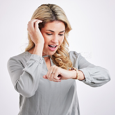 Buy stock photo Time, woman checking watch and surprised or shocked expression in studio background. Deadline or notification, smart watch or wristwatch and female person late for an appointment or meeting at work