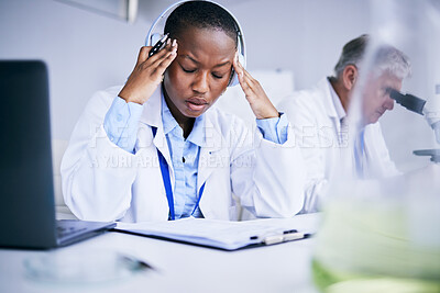 Buy stock photo Science, tired and black woman with a headache, research and health issue with burnout, overworked and exhausted. Female person, employee and researcher with a migraine, anxiety and pain with stress 