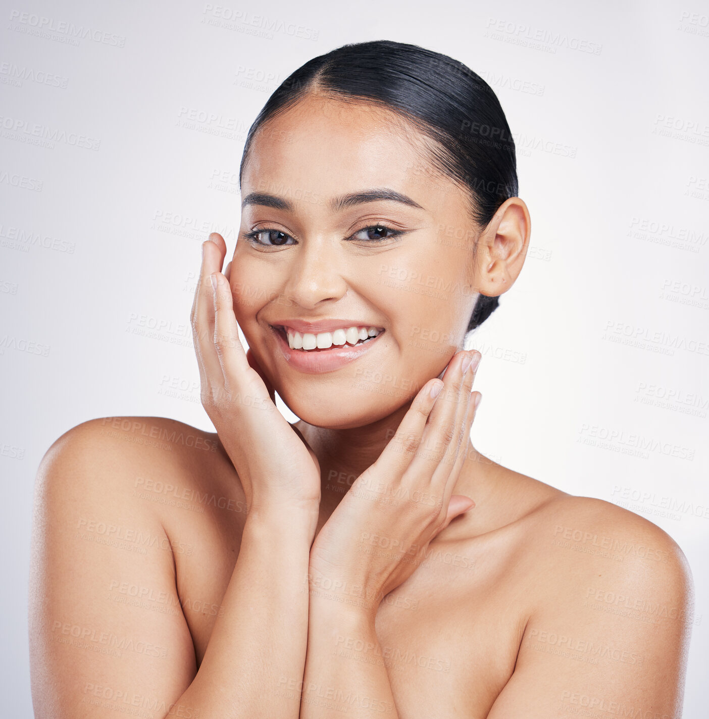 Buy stock photo Natural, beauty and woman with hands on face in studio for glow, dermatology or cosmetics. Portrait of a happy aesthetic model person with self care, facial or skincare results on a white background