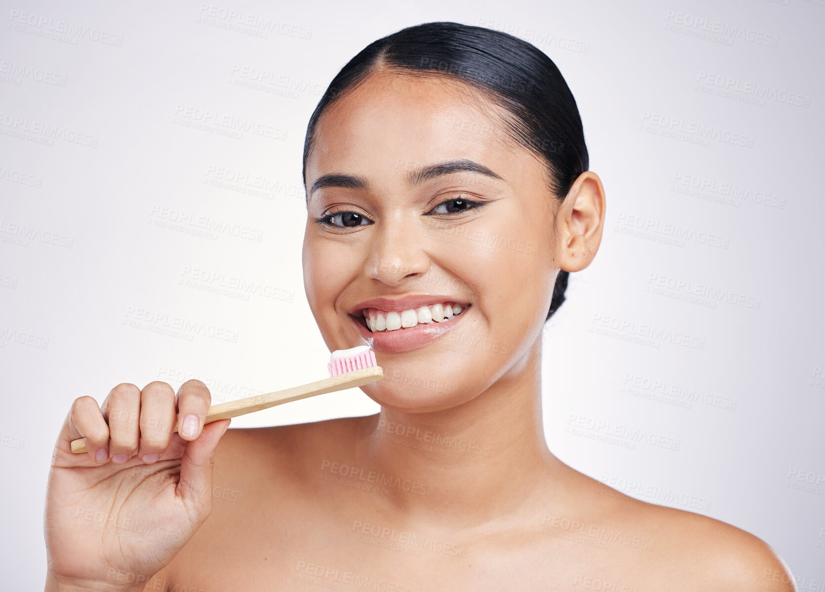 Buy stock photo Teeth, smile and woman with toothbrush, dental and oral hygiene with health isolated on studio background. Female model in portrait, happy with mouth care and cleaning, fresh breath with toothpaste