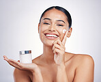 Happy woman, portrait and cream product in skincare, moisturizer or cosmetics against a white studio background. Female person or model smiling for cosmetic lotion or facial treatment on mockup space