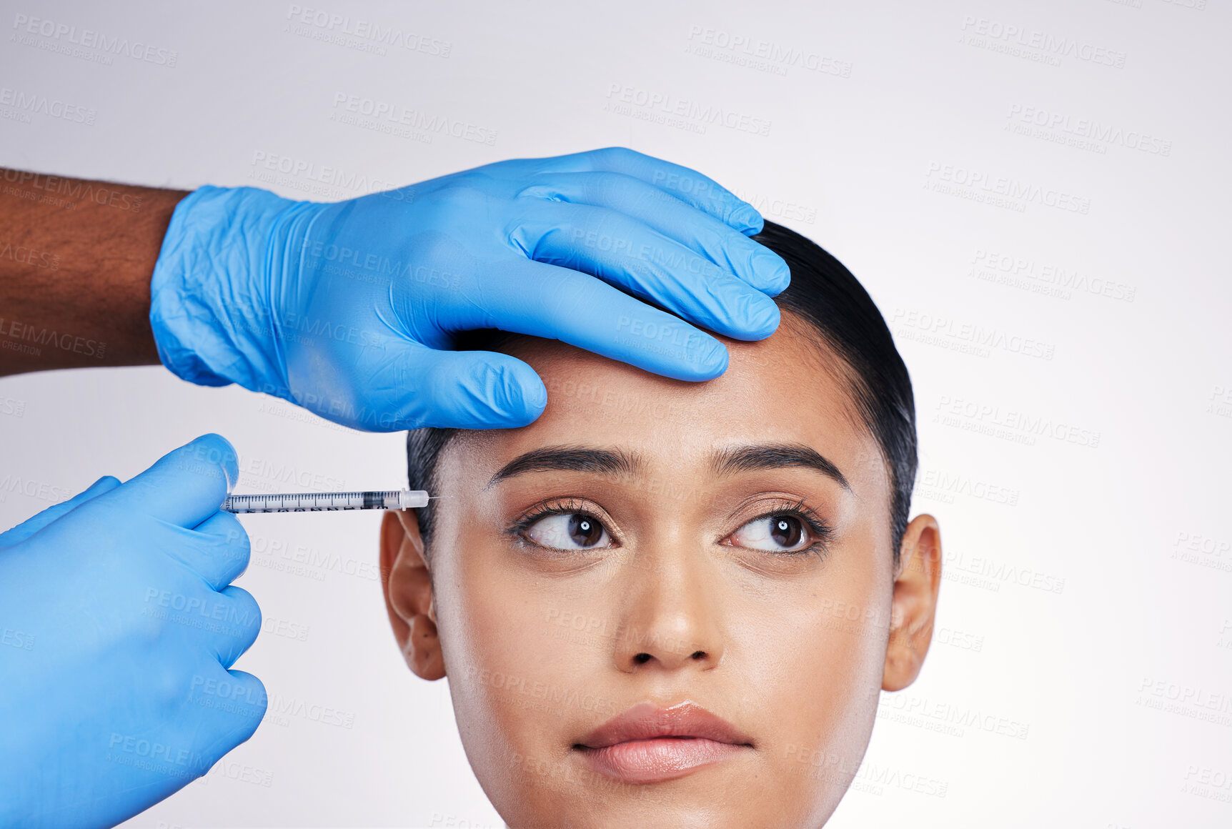 Buy stock photo Woman, studio and injection with hands, surgery or worry with thinking, doubt or collagen by white background. Girl cosmetic surgeon and filler with idea, pain or fear for beauty, skincare or change