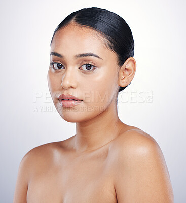 Buy stock photo Woman, face and beauty with makeup in portrait, natural cosmetics and skincare isolated on studio background. Female model from Mexico, skin glow with health and shine, cosmetic care and dermatology