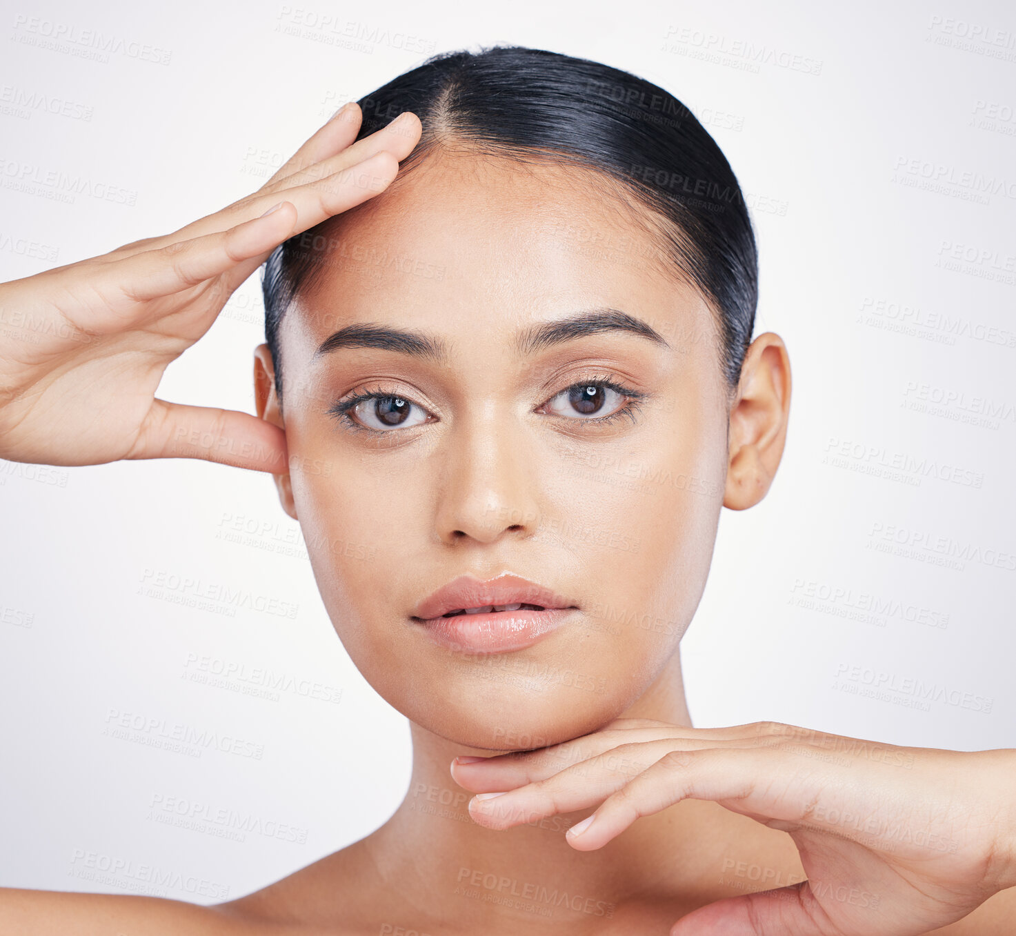 Buy stock photo Natural, beauty and woman with hands on face in studio for skin dermatology and cosmetics. Portrait of aesthetic model person from Portugal for facial self care or skincare glow on a white background