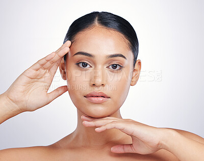 Buy stock photo Beauty, natural and woman with hands on face in studio for skin glow, dermatology or cosmetics. Portrait of aesthetic model person from Portugal for facial self care or skincare on a white background