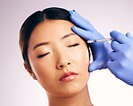 Face injection, skincare and woman with plastic surgery in studio isolated on a white background. Cosmetics, syringe and female model with dermal filler for dermatology, facelift treatment and beauty