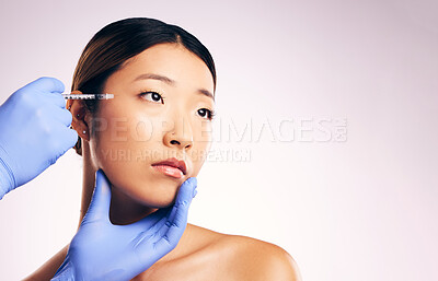 Buy stock photo Face injection, skincare and Asian woman with plastic surgery in studio isolated on white background mockup space. Cosmetics, syringe and model with dermal filler for dermatology, facelift or beauty