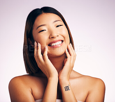 Buy stock photo Smile, face and skincare portrait of Asian woman in studio isolated on a white background. Natural, beauty and female model with makeup, cosmetics hairstyle or spa facial treatment for healthy skin.