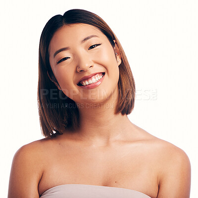 Buy stock photo Skincare, face and smile of Asian woman in studio isolated on a white background. Natural beauty, portrait and female model with makeup, cosmetics and spa facial treatment for healthy or glowing skin