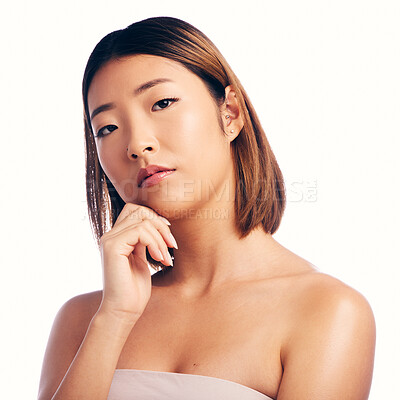 Buy stock photo Face, serious and skincare of Asian woman in studio isolated on a white background. Natural beauty, portrait and female model with makeup, cosmetics and facial treatment, aesthetic and skin wellness.