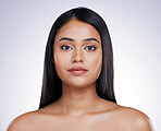 Hair care, beauty and portrait of woman with long, straight hairstyle and luxury salon treatment on white background. Beauty, straight haircut and face of latino model from Brazil on studio backdrop.