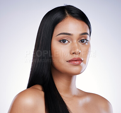 Buy stock photo Hair care, beauty and portrait of serious woman with long hairstyle and luxury salon treatment on white background. Growth, straight haircut and face of latino model from Brazil on studio backdrop.