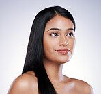 Haircare, beauty and face of woman with long hair, smile and luxury salon treatment on white background in Brazil. Beauty, haircut and happy latino model with straight hairstyle on studio backdrop.