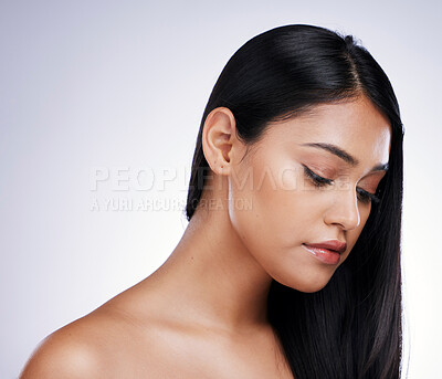 Buy stock photo Hair care, beauty and mockup, woman with long hairstyle and luxury salon treatment on white background. Mock up, straight haircut and profile of face of latino model from Brazil on studio backdrop.
