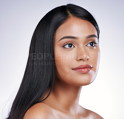 Buy stock photo Hair care, beauty and face of woman with healthy, long hairstyle and luxury salon treatment on white background in Brazil. Growth, straight haircut and latino model with keratin on studio backdrop.