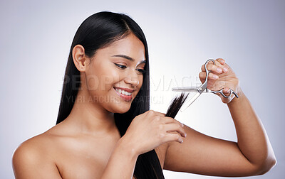 Buy stock photo Hair care, scissors and woman cutting hairstyle, smile and damage treatment on white background in Brazil. Beauty, haircut and happy latino model with salon cut on studio backdrop with mock up space.