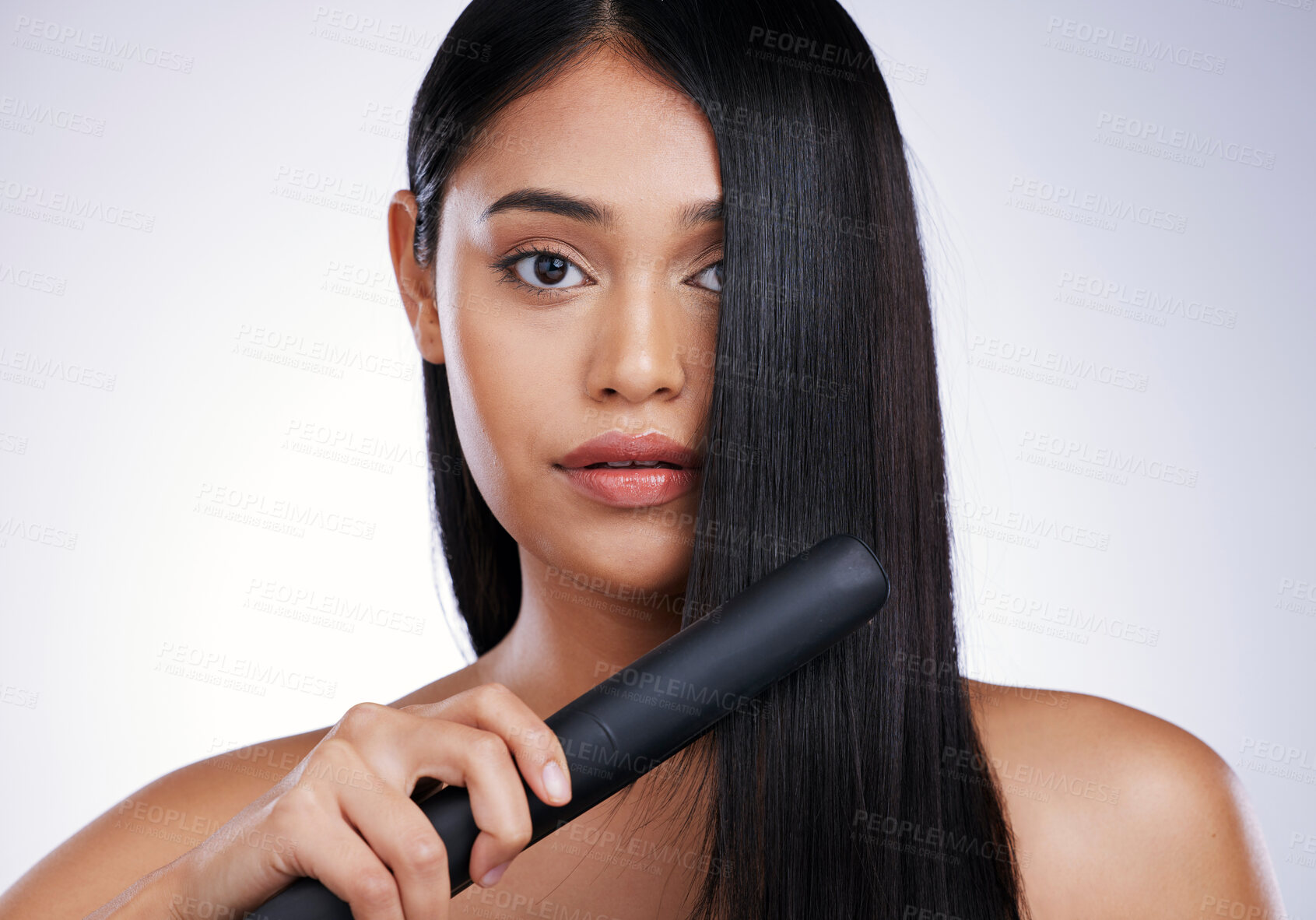Buy stock photo Hair, flat iron and portrait of woman with straight hairstyle, luxury salon treatment and white background in Brazil. Beauty, haircut and face of latino model with electric straightener in studio.