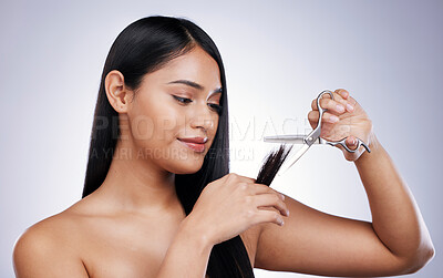 Buy stock photo Hair care, woman with scissors cutting ends on long hairstyle, damage treatment and white background in Brazil. Beauty, healthy haircut and latino model, salon cut on studio backdrop and mockup space