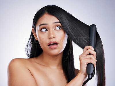 Buy stock photo Haircare, flat iron and face of woman with long hair, heat and luxury salon treatment on white background in Brazil. Beauty, straightener and latino model with straight hairstyle on studio backdrop.