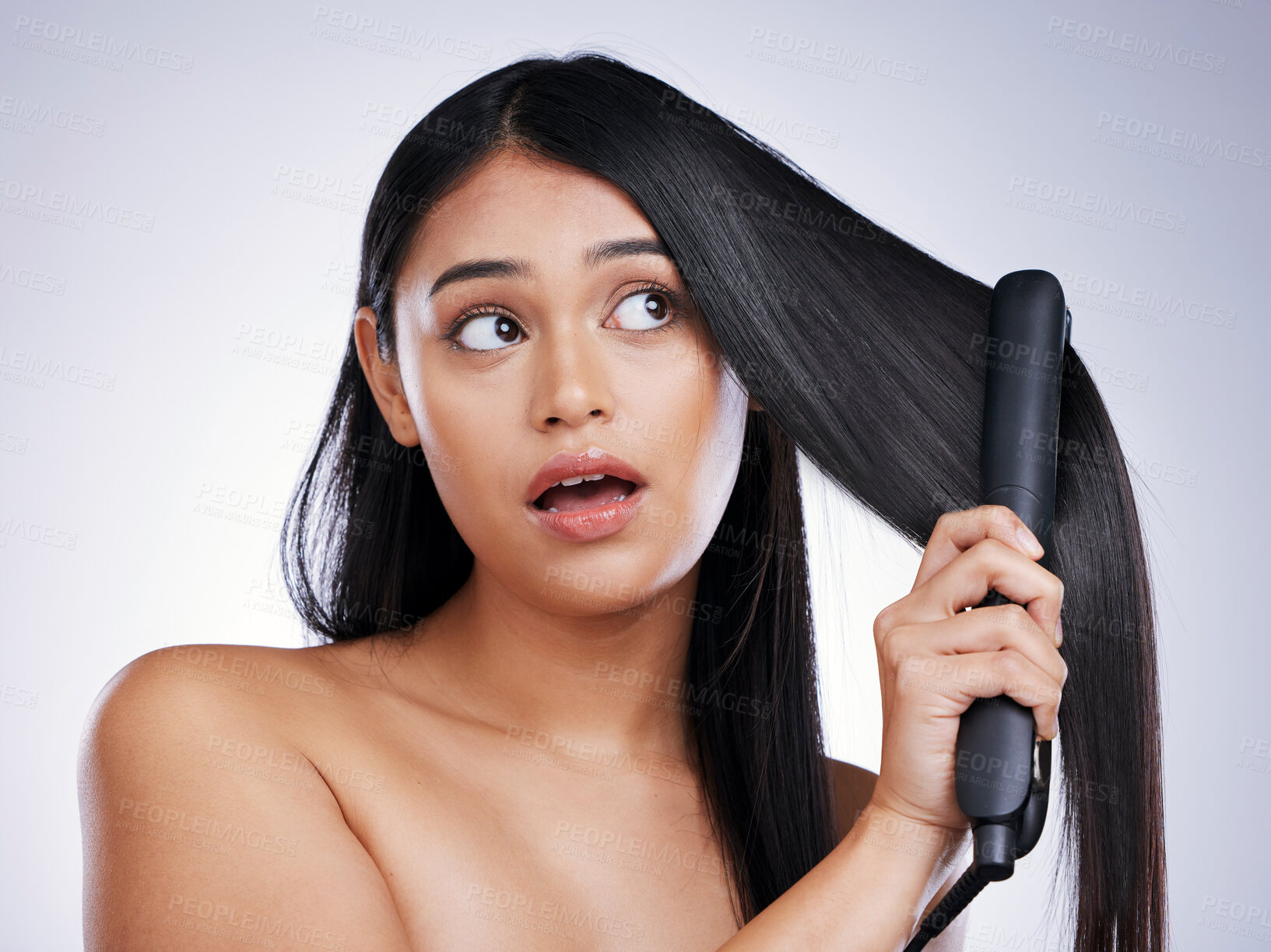 Buy stock photo Haircare, flat iron and face of woman with long hair, heat and luxury salon treatment on white background in Brazil. Beauty, straightener and latino model with straight hairstyle on studio backdrop.