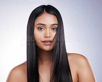 Buy stock photo Haircare, beauty and portrait of woman with long hair, mockup and luxury salon treatment on white background in Brazil. Style, haircut and latino model with straight hairstyle on studio backdrop.