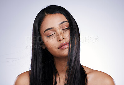Buy stock photo Haircare, beauty and relax, woman with long hair, mockup and luxury salon treatment on white background in Brazil. Style, haircut and latino model with straight hairstyle blowing on studio backdrop.