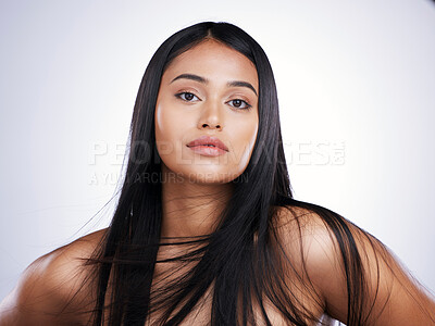 Buy stock photo Hair care, beauty and portrait of woman with mockup, long haircut and luxury salon treatment on white background in Brazil. Beauty, makeup and latino model with straight hairstyle on studio backdrop.