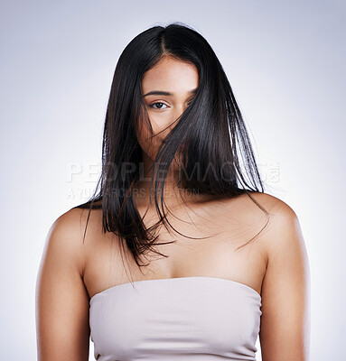 Buy stock photo Hair in face, beauty and portrait of woman with long hair, smile and luxury salon treatment on white background in Brazil. Style, makeup and latino model with straight hairstyle on studio backdrop.
