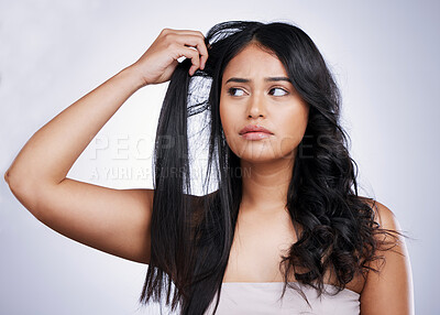 Buy stock photo Hair care, damage and face of woman with long hairstyle, stress and luxury salon treatment on white background in Brazil. Beauty, haircut and latino model with dry, damaged style on studio backdrop.