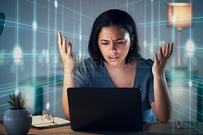 Woman, laptop and night in office with hologram, stress or angry at glitch, 404 error and information technology job. IT expert, anxiety and problem in dark workplace, computer and frustrated face