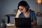 Woman, laptop and frustrated in night at office with glitch, 404 error and burnout at information technology job. IT expert, anxiety and fatigue in dark workplace with computer, headache and stress