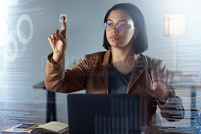 Buy stock photo Woman, night and touch hologram with data, chart or information on dashboard, overlay or focus in office. Holographic ux, point and it expert by laptop, analytics or cloud computing in dark workplace