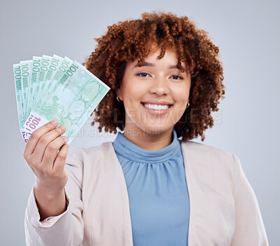 Buy stock photo Fan, money and woman portrait isolated on a white background for winning, cash or happy finance in lottery. Rich, face and african person or winner bonus, lotto cashback or financial loan in studio