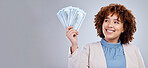Fan, money and woman isolated on a white background space for winning, cash or happy finance ideas. Rich, wealth and african person or winner bonus, thinking of cashback or financial loan in studio