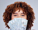 Money, cover face and portrait of woman isolated on white background winning, cash fan or finance loan. Lottery, bank and african person or winner investment bonus, budget secret or financial profit