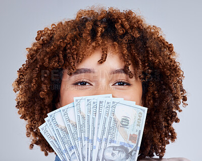 Buy stock photo Money, cover face and portrait of woman isolated on white background winning, cash fan or finance loan. Lottery, bank and african person or winner investment bonus, budget secret or financial profit