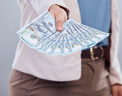 Buy stock photo Money, offer and woman hands isolated on a studio background for winning, cash success or finance loan. Lottery, banking and business person or winner giving bonus, wealth or financial profit choice