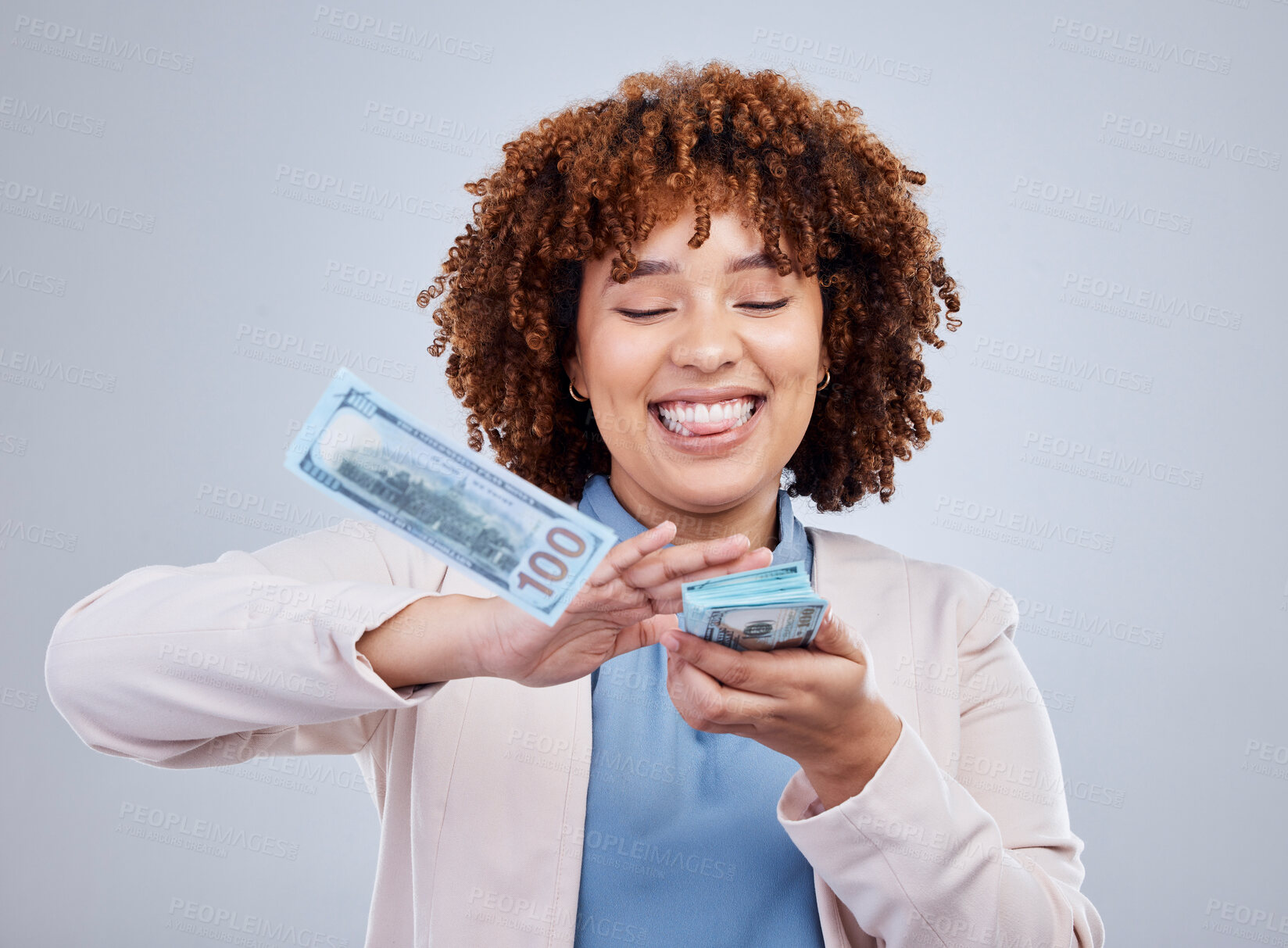 Buy stock photo Woman throw cash from hands isolated on a white background in winning, wealth success or financial freedom. Excited african person or happy winner with money rain bonus, cashback or lottery in studio