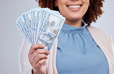Buy stock photo Money, fan and happy woman hands isolated on a studio background for winning, cash success or finance loan. Lottery, bank and business person or winner investment bonus, lottery or financial freedom
