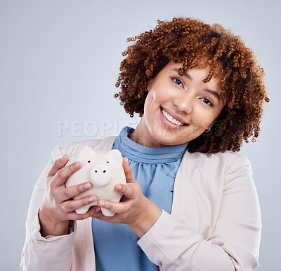 Buy stock photo Piggy bank, portrait and happy woman isolated on studio white background for savings, investment or finance. African person or business worker budget, financial management and money safe or security