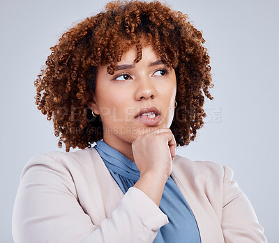 Buy stock photo Thinking, ideas and business woman isolated on a white background for decision, choice or solution in studio. Creative vision, question or job brainstorming of young african person, risk and planning