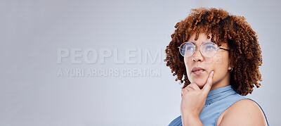 Buy stock photo Thinking, ideas and space of woman isolated on white background in business decision, choice or solution in studio. Creative vision, idea mockup and brainstorming of african person planning on banner