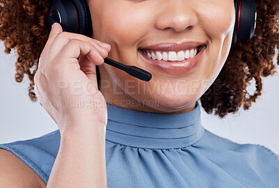 Buy stock photo Call center, mouth and happy woman, agent or consultant talking, virtual communication and tech support. Insurance, loan or telecom worker or person speaking and helping of customer service in studio