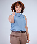 Happy, thumbs up and portrait of woman isolated on a white background for success, winning and like hand sign. Winner, happy african person or model yes, thank you or congratulations emoji in studio