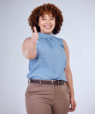 Buy stock photo Happy, thumbs up and portrait of woman isolated on a white background for success, winning and like hand sign. Winner, happy african person or model yes, thank you or congratulations emoji in studio