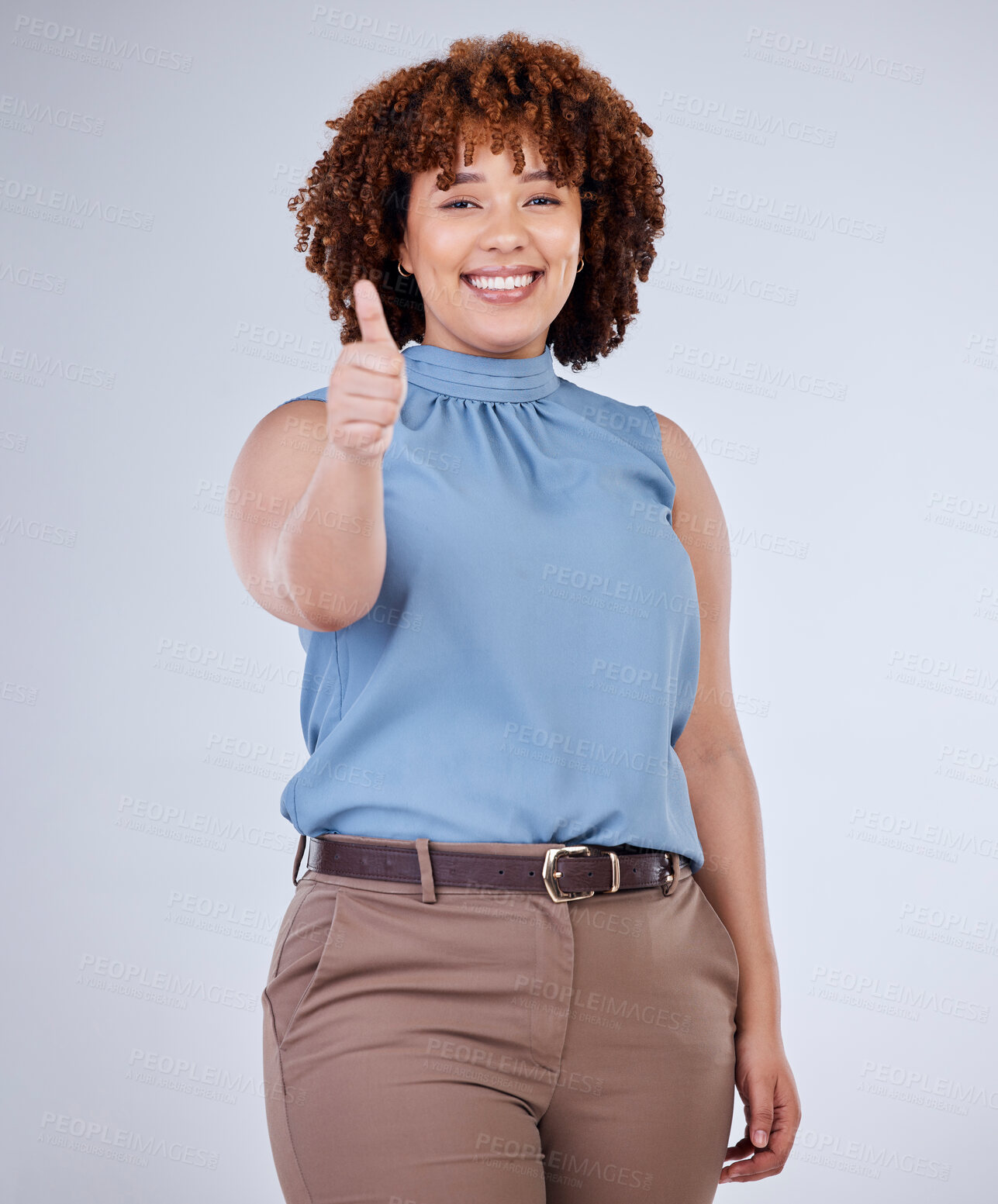 Buy stock photo Happy, thumbs up and portrait of woman isolated on a white background for success, winning and like hand sign. Winner, happy african person or model yes, thank you or congratulations emoji in studio