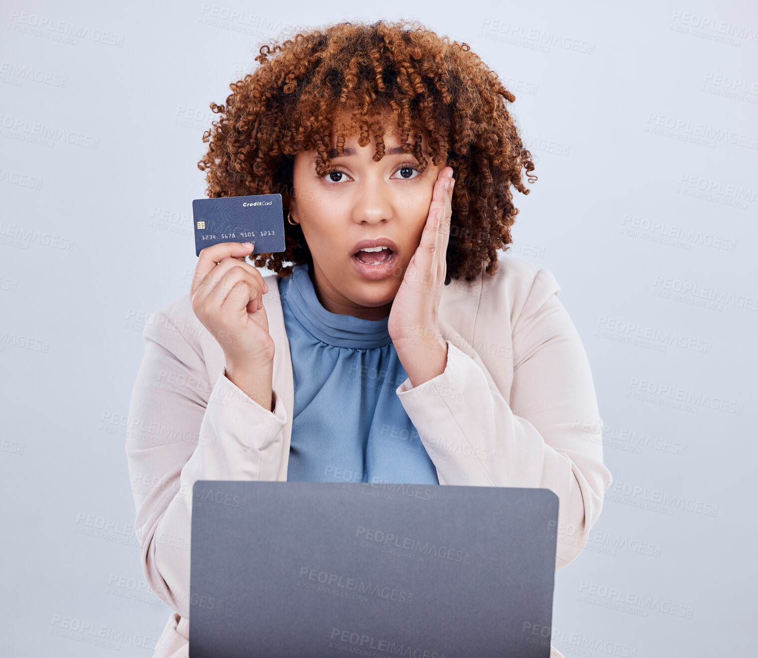 Buy stock photo Credit card, laptop and a woman shocked or surprised with online shopping bill, scam or fintech payment. African female person with technology for e commerce mistake, security password or glitch