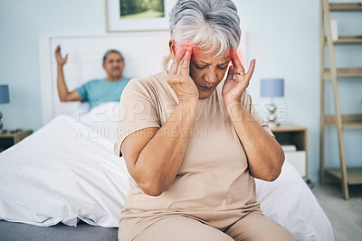 Buy stock photo Senior couple, bed and conflict with a headache, fight and relationship issue with marriage, home and retirement. Partners, mature man and elderly woman with a migraine, bedroom and angry with stress